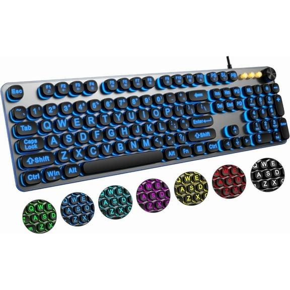 EFFFERTWQL-Large Print Backlit Keyboard with 7-Color Backlit, Wired USB Lighted Computer Keyboards Oversize Letters Keys Easy to See, Illuminated Keyboard for PC, Laptop,Windows Desktop