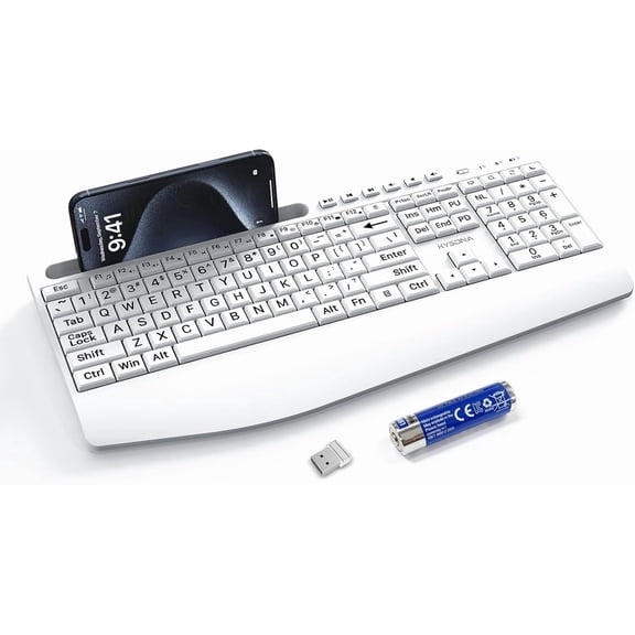 EFFFERTWQL-Large Print Wireless Keyboard, Full Size Cordless Computer Keyboard with Phone Holder, Palm Rest, Ergonomic Tilt Angle, 2.4G Plug-and-Play, Compatible with Tablet/Windows/Laptop/PC, White