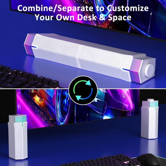 EFFFERTWQL-M20 Bluetooth Computer Speakers for PC Desktop Monitor, Gaming PC Sound Bar - Wired USB-Powered, Superb Stereo Sound, with LED Lighting (White)