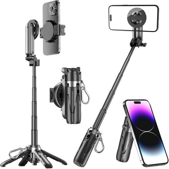 EFFFERTWQL-Magnetic Tripod for Phone with Remote Control, Extendable Selfie Stick Handle Grip Pocket Size, 4-in-1 Mini Phone Grip, 10m Wireless Shutter for iPhone Android Phones Black