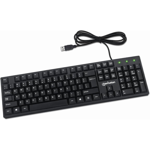 EFFFERTWQL-Manhattan Wired Computer Keyboard Basic Black Keyboard - with 4.5ft USB-A Cable, 104-keys, Foldable Stands - Compatible for Windows, PC, Laptop - 3 Yr Mfg Warranty 179324