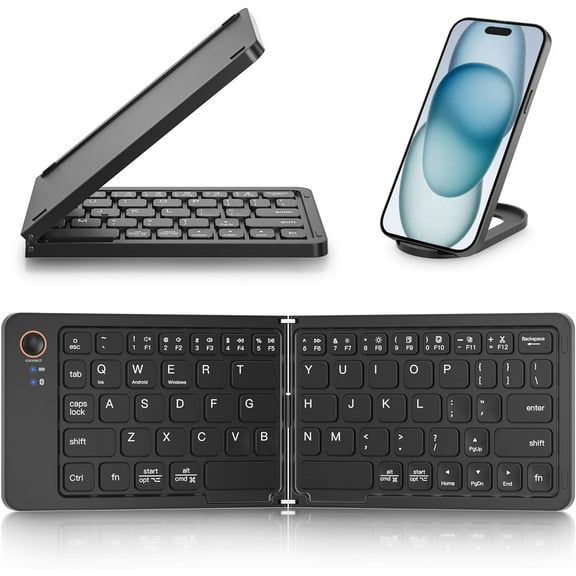 EFFFERTWQL-Mini Foldable Bluetooth Keyboard - Portable Wireless Full Size Keyboard (Sync Up to 3 Devices), Ultra-Slim Aluminum Travel Folding Keyboards for iPhone iPad Mac Android Windows iOS (Black)