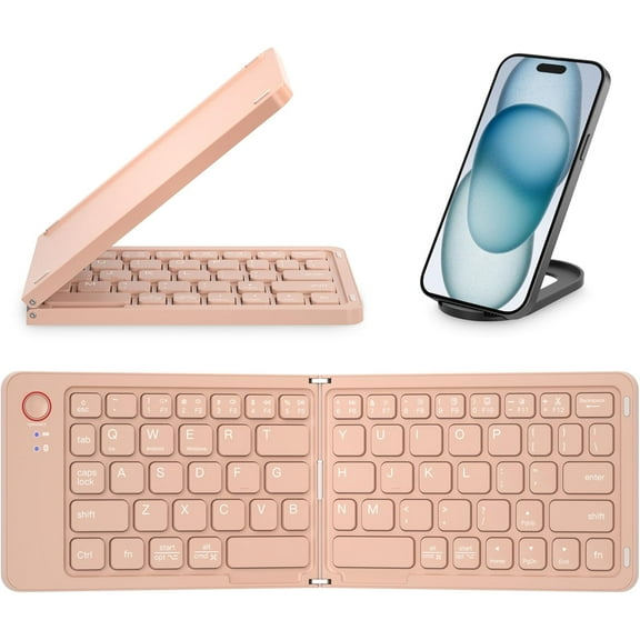 EFFFERTWQL-Mini Foldable Bluetooth Keyboard - Portable Wireless Full Size Keyboard (Sync Up to 3 Devices), Ultra-Slim Aluminum Travel Folding Keyboards for iPhone iPad Mac Android Windows iOS (Pink)