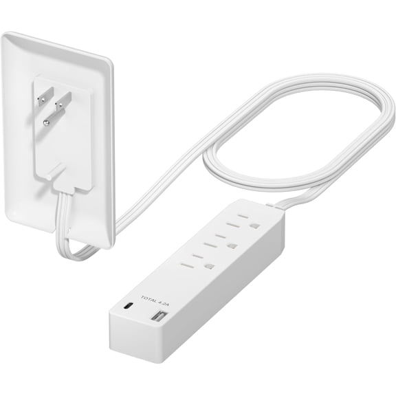 EFFFERTWQL-Outlet Extender with 3 Receptacles, 12W USB-A & USB-C, Ultra-Thin Wall Plate Plug with Cord Extender, 3-Outlet Power Strip, Flat-Face, 3ft Cord, 1625W, ETL Listed, Matte White