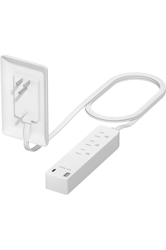 -Outlet Extender with 3 Receptacles, 12W USB-A & USB-C, Ultra-Thin Wall Plate Plug with Cord Extender, 3-Outlet Power Strip, Flat-Face, 3ft Cord, 1625W, ETL Listed, Matte White