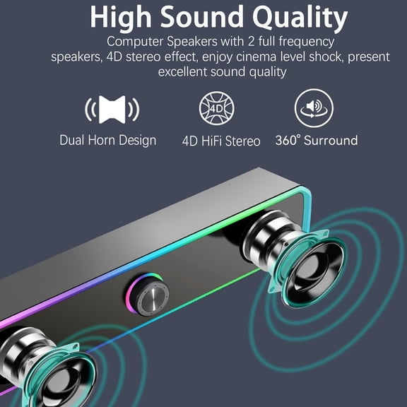 EFFFERTWQL-PC Speakers, Computer Speakers for Desktop with LED Dynamic Light, HiFi Stereo Sound Soundbar for Desktop Laptop Monitor, 3.5mm Aux Input & USB Powered