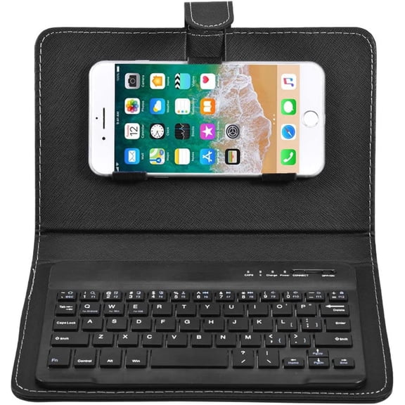 EFFFERTWQL-Portable Bluetooth Keyboard with Leather Case Cover with for 4.5''-6.8'' iOS, Android and Windows Smart Phones, Detachable with Kickstand