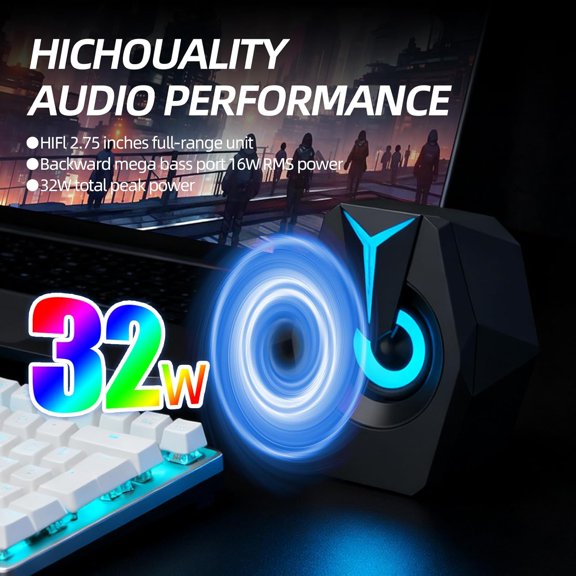 EFFFERTWQL-RGB Gaming Computer Speakers,USB Powered PC Sound Bar with Inline Remote Control & Dynamic Lighting for Desktop, Laptop, Monitor (Black)