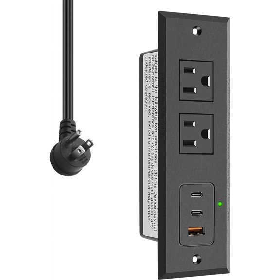 EFFFERTWQL-Recessed Power Strip with Two USB-C Ports, Fast Charging USB A Port Desk Outlet, Black Furniture Hidden Charging Station for Side Table, End Table, with 10 FT 45 Degree Flat Plug Extension