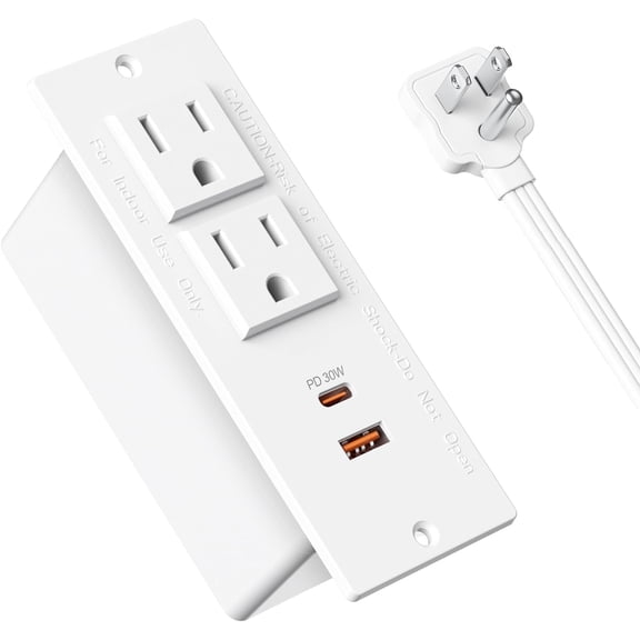 EFFFERTWQL-Recessed Power Strip USB C PD 30W Fast Charging,Flush Mount Desk Recessed Outlet,Space-Saver for Furniture Side Table,2 USB Ports,2 AC Outlets,6ft Cord,Ultra Thin Flat Plug,White