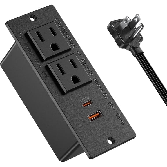 EFFFERTWQL-Recessed Power Strip USB C PD 30W Fast Charging,Flush Mount Desk Recessed Outlet,Space-Saver for Furniture Side Table,2 USB Ports,2 AC Outlets,6ft Cord,Ultra Thin Flat Plug