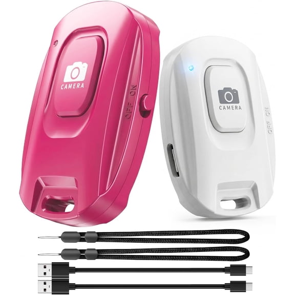 EFFFERTWQL-Rechargeable Wireless Camera Remote Shutter for iPhone and Android Smartphones, 2 Pack Bluetooth Phone Remote Control,Selfie Button for Photos and Videos Charging Cable Included- Pink&Whit