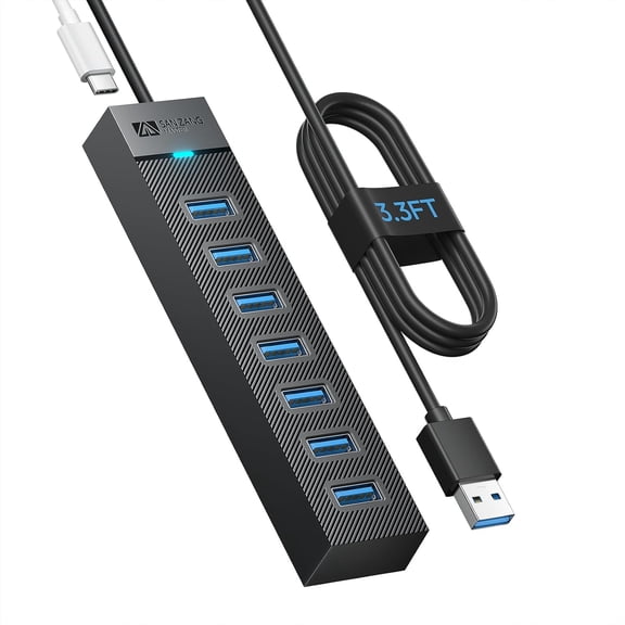 EFFFERTWQL-SAN Zang 7-Port USB 3.0 Hub: High-Speed 5Gbps USB Splitter & Extender with 3.3ft Cable, Multi-Port Data Hub for Laptop, PC, Mac, HDD, Flash Drive (Plug & Play, Wide Compatible)