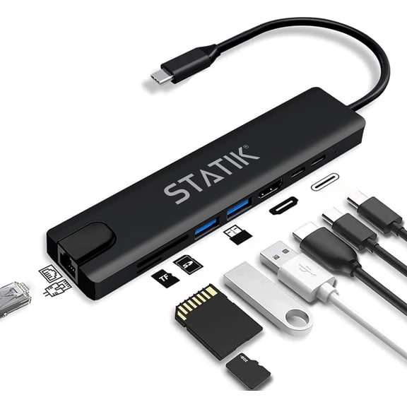 EFFFERTWQL-STATIK UltraHub Powered USB C Hub - Multiport Adapter - 8-in-1 Docking Station with 4K USB C HDMI, 100Mbps Ethernet, SD/TF Card Reader & Laptop Dock