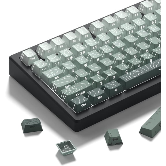 EFFFERTWQL-Seaweed Green Topographic PBT keycap Sets,Line Backlit Gradient keycaps,Shine Through Keyboard Keys caps,Side Printed Cherry Profile for 61/64/66/68/71/75/84/87/100/104 Mechanical Keyboard