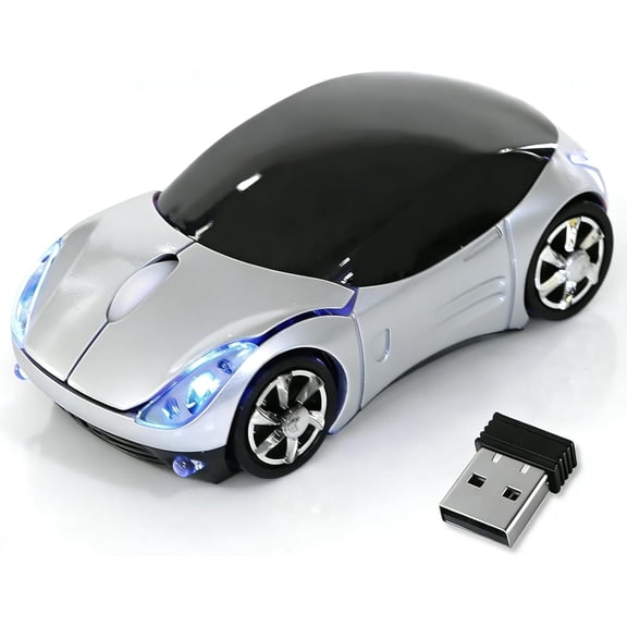 EFFFERTWQL-Silver Wireless MouseMini Car Computer Mouse1600DPI 2.4G with USB Receiver, Ergonomic Cute Computer Mice for Laptop, PC, Windows, Mac OS (Silver)