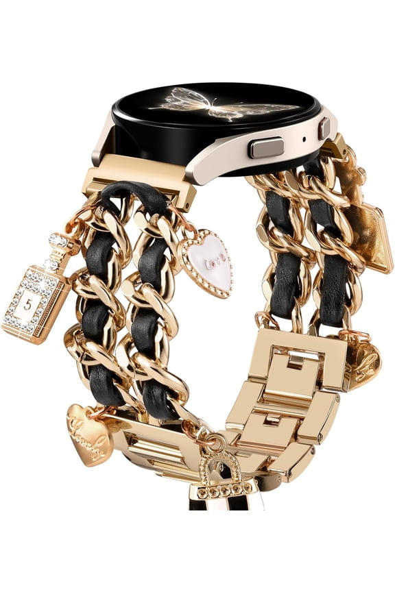 -Stylish Metal Band Compatible with Samsung Galaxy Watch 7 Band/FE 6 5 4 40mm 44mm,Galaxy Active 2, 20mm Watch Strap Pretty Chain with Cute Decorative Charms Accessories for Samsung Watch B