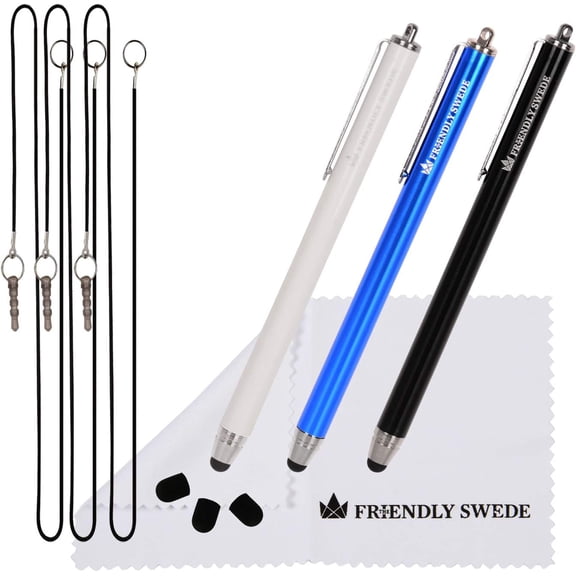 EFFFERTWQL-Stylus Pen for Touchscreen 3-Pack 5.5" High Precision Stylus Pen with Replaceable Thin Tips, Elastic Lanyards & Screen Cleaning Cloth - Black/Blue/White