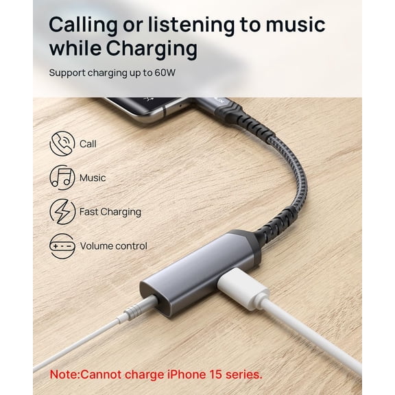EFFFERTWQL-USB C to 3.5mm Headphone and Charger Adapter,2-in-1 AUX Mic Jack with PD 60W Fast Charging Earphones, Compatible with iPhone 15 Pro Max/15 Pro/15, Galaxy S24/S23/S22/S21,iPad Pro -Black
