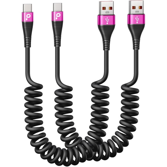 EFFFERTWQL-USB C Cable Fast Charging, 2Pack 5ft Coiled USB A to USB C Cable for Car, USB Type C Charger Cord Compatible with iPhone 17/16/15 Pro Max/Samsung Galaxy S20 S10 and More USB C Devices-Rose
