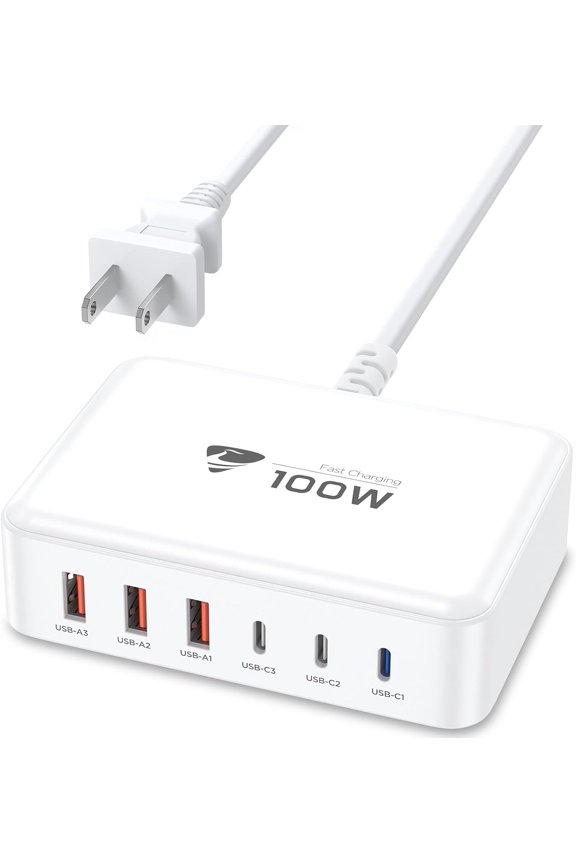 -USB C Fast Charger, 100W GaN 6 Port USB C Fast Charging Station Hub Block Cube, QC USB A and PD USB C Wall Charger Power Multiple USB Charger Plug for iPhone 17 16 15 14 13 12 Pro Max, iPa
