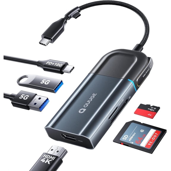 EFFFERTWQL-USB C Hub Multiport Adapter with 4K60Hz: 6in1 Laptop Docking Station with Screen Button, 4K60FPS HDMI, 100W PD Charging OR 10Gbps Data Port, SD/TF Card Reader, 2*USB 3.0 Ports - Aluminum U