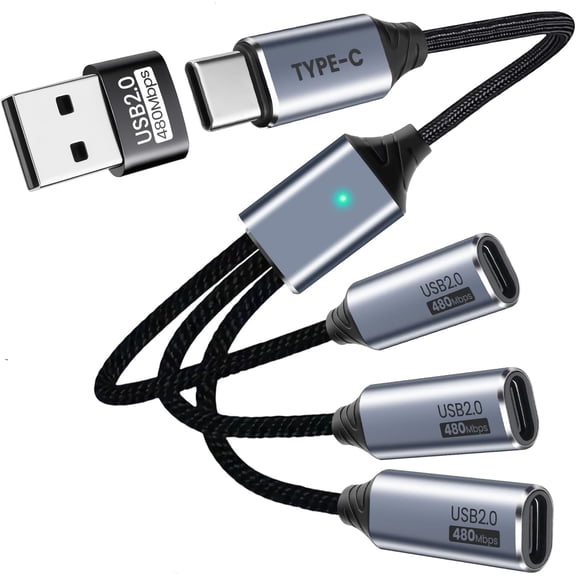 EFFFERTWQL-USB C Splitter 3 Port with USB Adapter for Data Transfer, USB-C Splitter for Charging, Male to Multi Type-C Female Cable Compatible with Smartphone, PC, Flash Drive, Keyboard, Printer