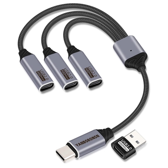 EFFFERTWQL-USB C Splitter Cable 3 Port 1 Male to 3 Female,1 in 3 Out USB C Extender Hub Data & Power Charging USB 2.0 Extension Cable for Car,Laptop,Keyboard,Mouse(25CM)