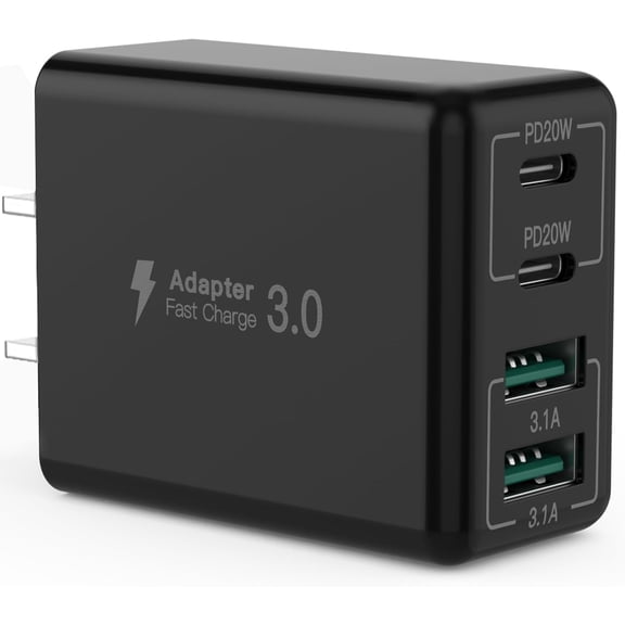EFFFERTWQL-USB C Wall Charger, 40W 4-Port USB C Charger Block, Fast Charging Block Dual Port PD+QC Wall Plug Multiport Type C Compatible with iPhone 14/13/12/11/Pro Max/XS/XR/8/7, Tablet(Black)