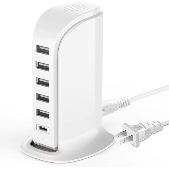 EFFFERTWQL-USB Charging Station for Multiple Devices, 40W Multiport Charger Tower, Type C Port Supports PD Quick Charge Compatible with iPhone, Smartphones, Tablets and Other Devices (White)