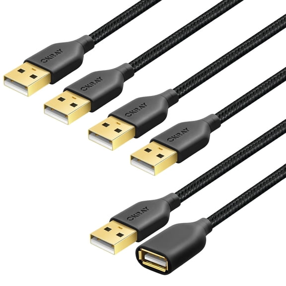 EFFFERTWQL-USB Extension Cable 5-Pack, 6FT Nylon Braided USB 2.0 Extension Cables Type A Male to A Female Extender Cords with Gold-Plated Connectors for Printer, Webcam, USB Flash Drive, Hard Drive,