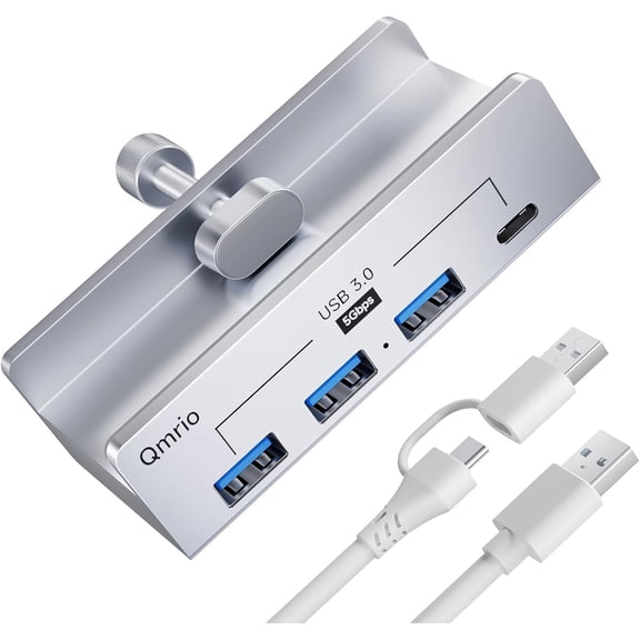 EFFFERTWQL-USB Hub 3.0, 5Gbps Clamp USB Hub for Desk/Monitors with Extra Power Supply Port, 3 USB-A Data Ports, USB-C Data Port for iMac Pro/iMac (Silver)