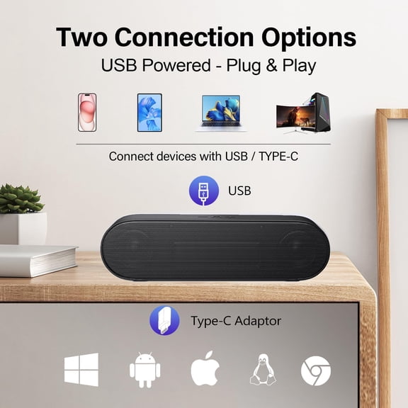 EFFFERTWQL-Updated Computer Speaker, USB Powered Speaker for Desktop,Windows PC,Mac. Portable Mini Sound bar-Plug and Play with Volume Control and Mute Button (USB-C to USB Adapter Included)