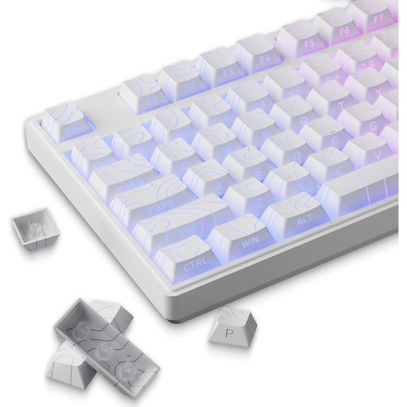 EFFFERTWQL-White Topographic PBT Keycaps,97 Key Caps Set Side Printed,No Tear & Fade Shine Through RGB Backlit Cherry Profile Keycaps (Ergonomic,Doubleshot) for 61/64/66/68/71/75/84/87 MX Mechanical