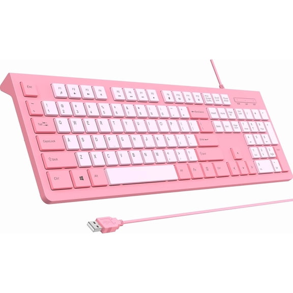 EFFFERTWQL-Wired Keyboard, Ultra-Thin USB Wired Computer Keyboard, Low-Profile Keys, Spill-Resistant, Multimedia Keys, Compatible with Windows, Mac, Chrome, Linux, and Android-Rose Pink