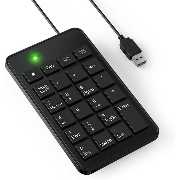 EFFFERTWQL-Wired USB-A Numeric Keypad for Laptop, 23 Keys Numpad Keyboard with Tab, Home, Email & Calculator Keys, 5ft Cable, Small and Lightweight Design