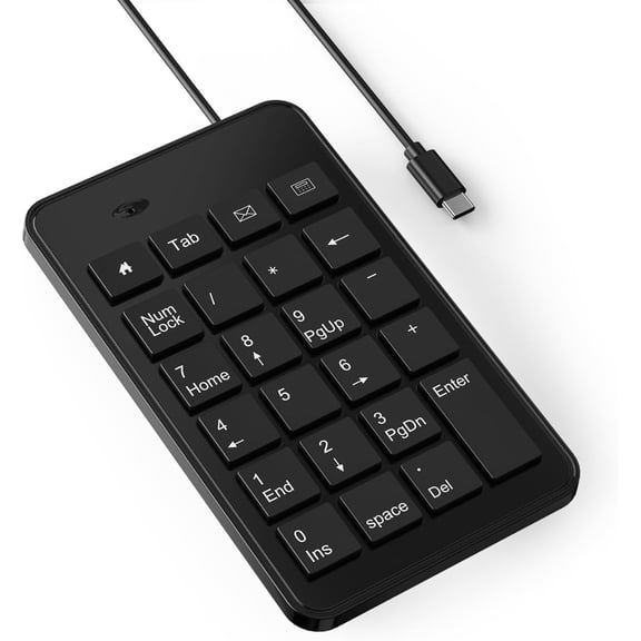 EFFFERTWQL-Wired USB-C Numeric Keypad for Laptop, 23 Keys Numpad Keyboard with Tab, Home, Email & Calculator Keys, 5ft Cable, Small and Lightweight Design
