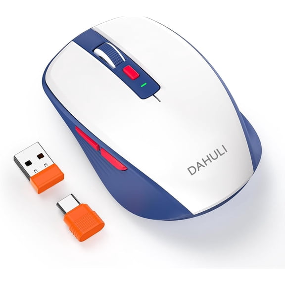 EFFFERTWQL-Wireless Bluetooth Mouse, Tri-Mode with Bluetooth 5.1 and Dual 2.4G Dongles (USB-A/USB-C), Silent Click, Side Buttons, 4 DPI (800-2400), Portable for Laptop, Mac, iPad, Desktop(White Blue)