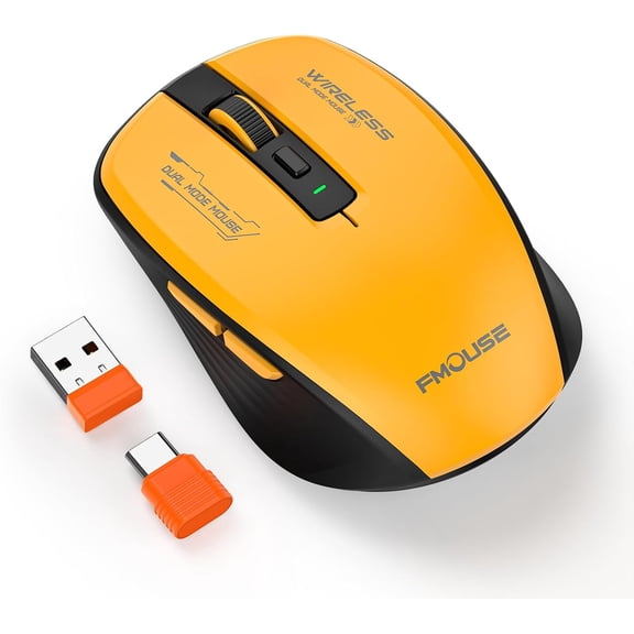 EFFFERTWQL-Wireless Bluetooth Mouse, Tri-Mode with Bluetooth 5.1 and Dual 2.4G Dongles (USB-A/USB-C), Silent Click, Side Buttons, 4 DPI (800-2400), Portable for Laptop, Mac, iPad, Desktop(Yellow Blac