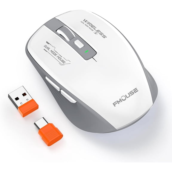 EFFFERTWQL-Wireless Bluetooth Mouse, Tri-Mode with Bluetooth 5.1 and Dual 2.4G Dongles (USB-A/USB-C), Silent Click, Side Buttons, 4 DPI (800-2400), Portable for Laptop, Mac, iPad, Desktop(Gray White)