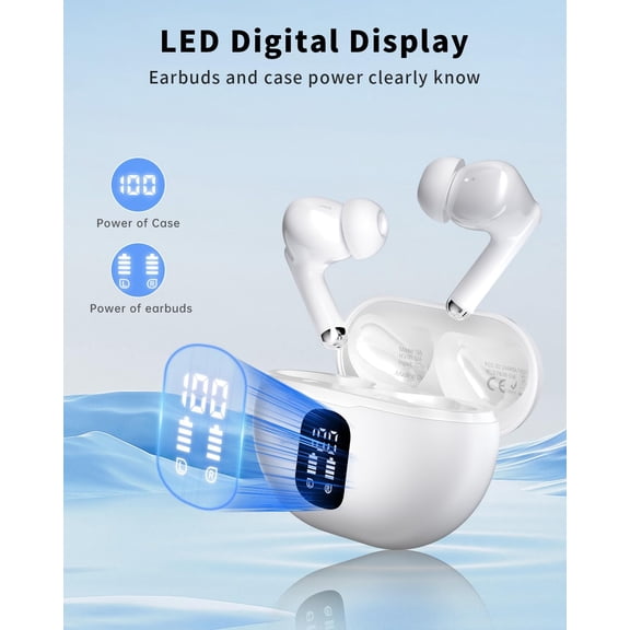 EFFFERTWQL-Wireless Earbuds, Bluetooth 5.4 Headphones with 50H Playback, Deep Bass Stereo Ear Buds Clear Calls with LED Power Display (White)
