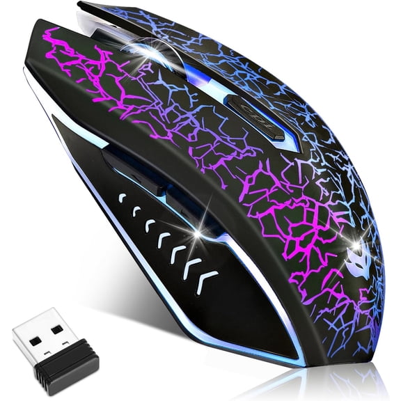 EFFFERTWQL-Wireless Gaming Mouse, Rechargeable Wireless Computer Mouse, 7-Color LED Light, Ergonomic Mouse with 6 Silent Click Buttons, 3 Adjustable 2400 DPI Wireless Mouse for Laptop,PC,Mac, Black