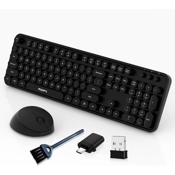 EFFFERTWQL-Wireless Keyboard and Mouse Combo, 104 Keys Full-Size Retro Round Keys Typewriter Keyboards Ergonomic Keyboards and Mouse Wireless for Windows, PC, Laptop, Desktop Black