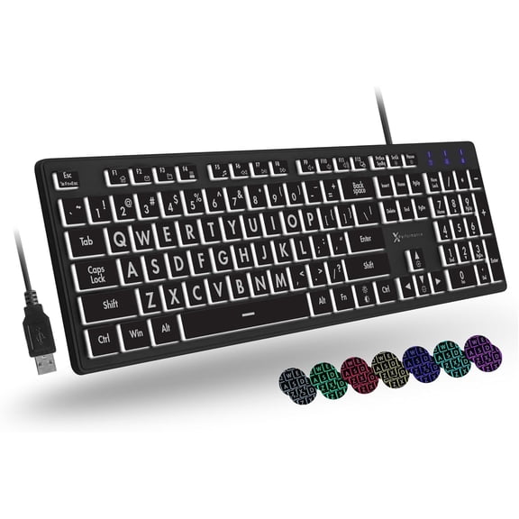 EFFFERTWQL-X9 Large Print Backlit Keyboard | Wired Light Up Computer Keyboard for PC Desktop Computer and Laptop - Easy to See and Type Illuminated Large Keys for Seniors and Elderly with 7 Backlight