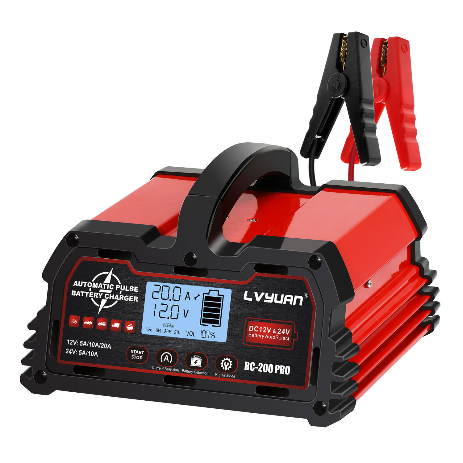 EFFORTWAY 12V/24V 20A Car Battery Charger Trickle Charger Automotive Smart Maintainer for LiFePO4 & Lead-Acid Batteries, Car, Truck, Motorcycle