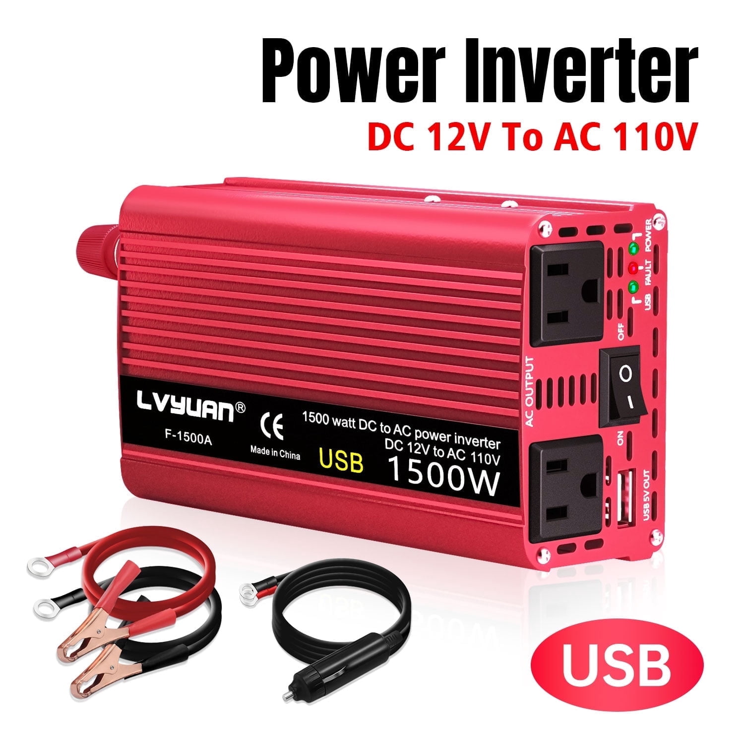 EFFORTWAY 1500 Watts Peak Modified Sine Wave Power Inverter Car Converter DC 12V to AC 110V 120V Red