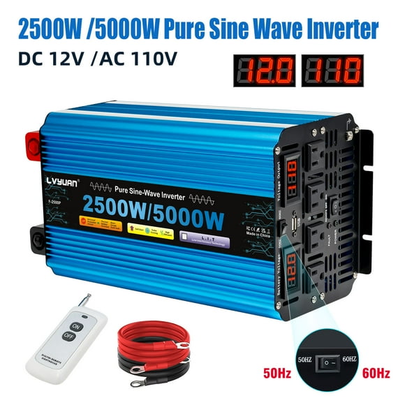 EFFORTWAY 2500W 5000W Peak Pure Sine Wave Power Inverter Car Converter DC 12V to AC 110V 60HZ 50HZ with 4AC Outlets & 1 USB, LED Display, Remote Control for Car, RV, Outdoor Camping & Home Backup