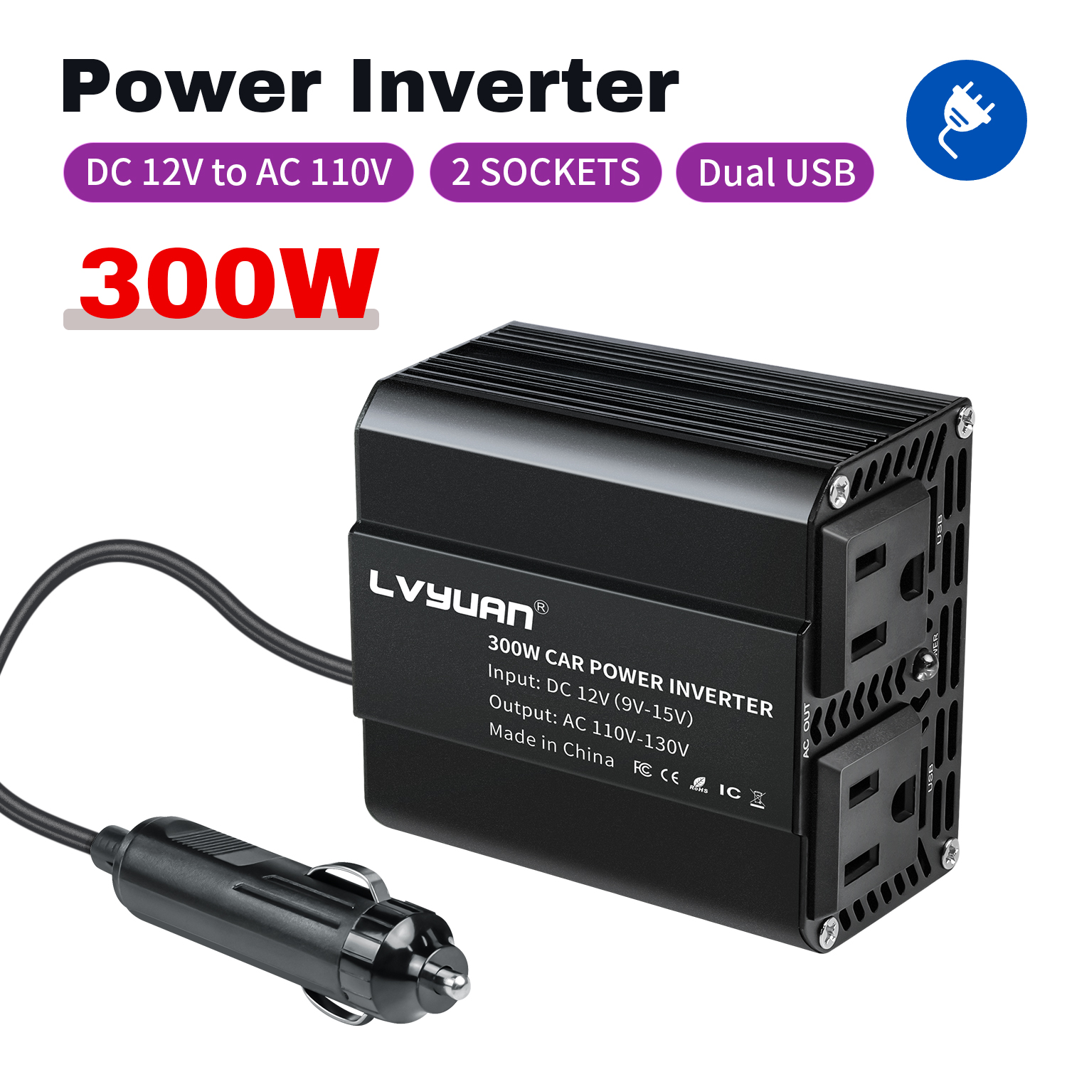 EFFORTWAY 300 Watts Power Inverter Car Converter DC 12V to AC 110V 120V Adapter Battery Charger for Car 2AC 2USB Black