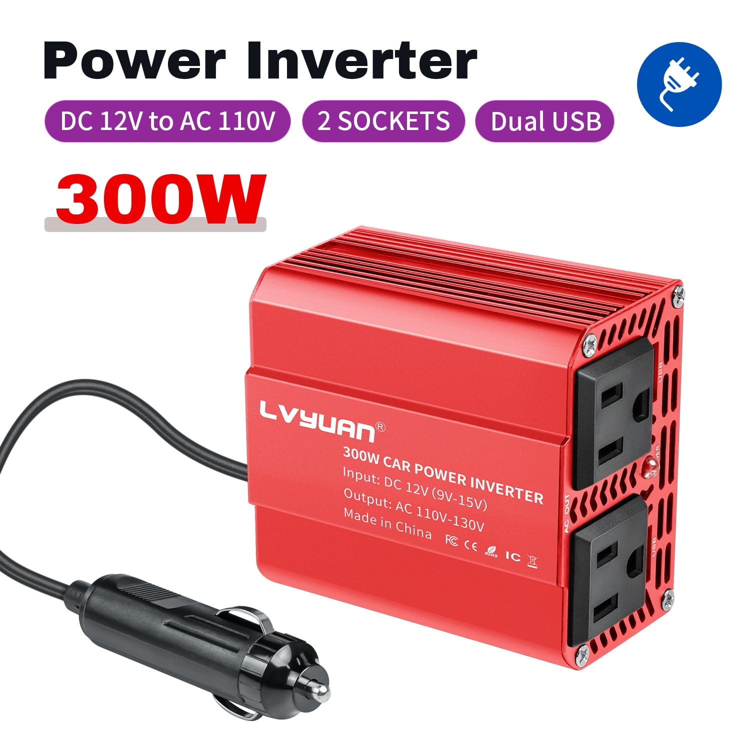 EFFORTWAY 300 Watts Power Inverter Car Converter DC 12V to AC 110V 120V Adapter Battery Charger for Car 2AC 2USB Red