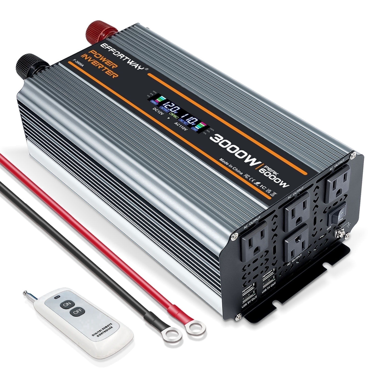 EFFORTWAY 3000W 6000W Power Inverter DC 12V to AC 110V Modified Sine Wave Inverter,LCD Display, Remote Control,4AC 4USB for Vehicles, Outdoor Travel, Home Backup